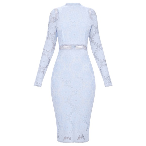 PrettyLittleThing | Dusty Blue Long Sleeve Lace Bodycon Dress - Picture 8 of 17